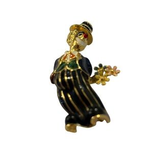 Colorful Enamel & Gold Tone Metal Clown:3 Piece Suit w/Bouquet Flowers Brooch